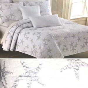 SIGRID OLSEN Metallic Silver Starfish TWIN Quilt Beach Ocean Coastal White